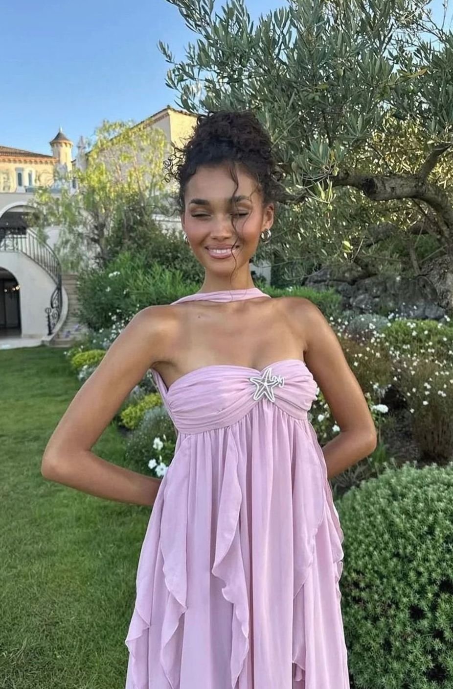 Women's Ruffled Halter-Neck Flowy Pink Maxi Dress