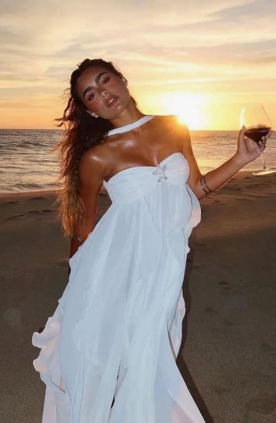 Women's Ruffled Halter-Neck Flowy Pink Maxi Dress - White