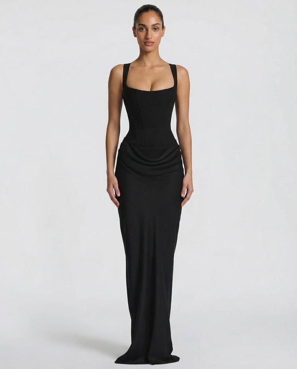 Women's Satin Corset Maxi Summer Dress Jumpsuit Draped Formal Gown - Black