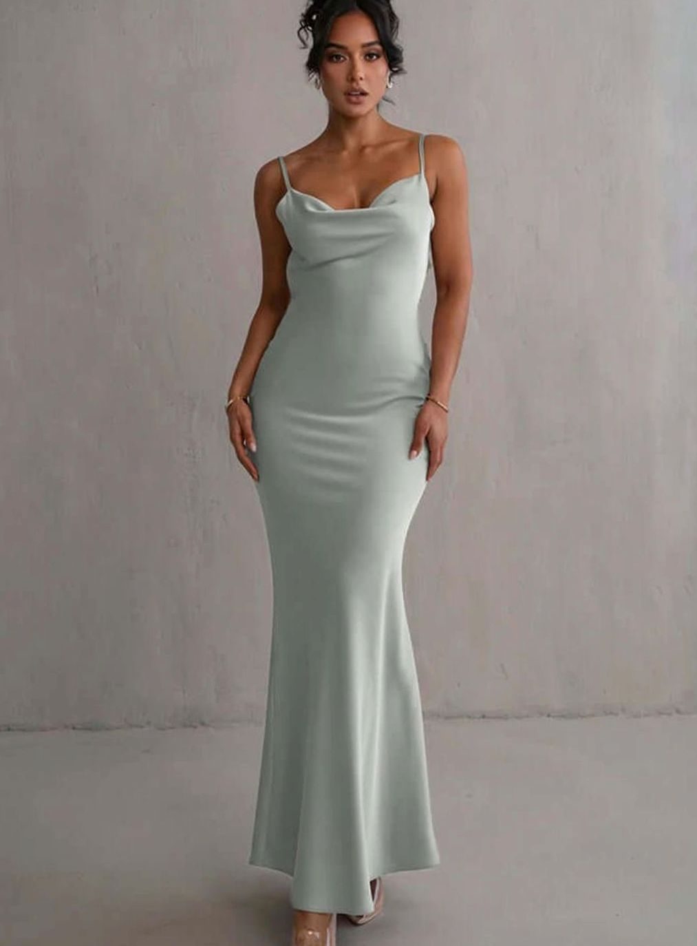 Women's Satin Cowl-Neck Backless Maxi Slip Dress - Light Green