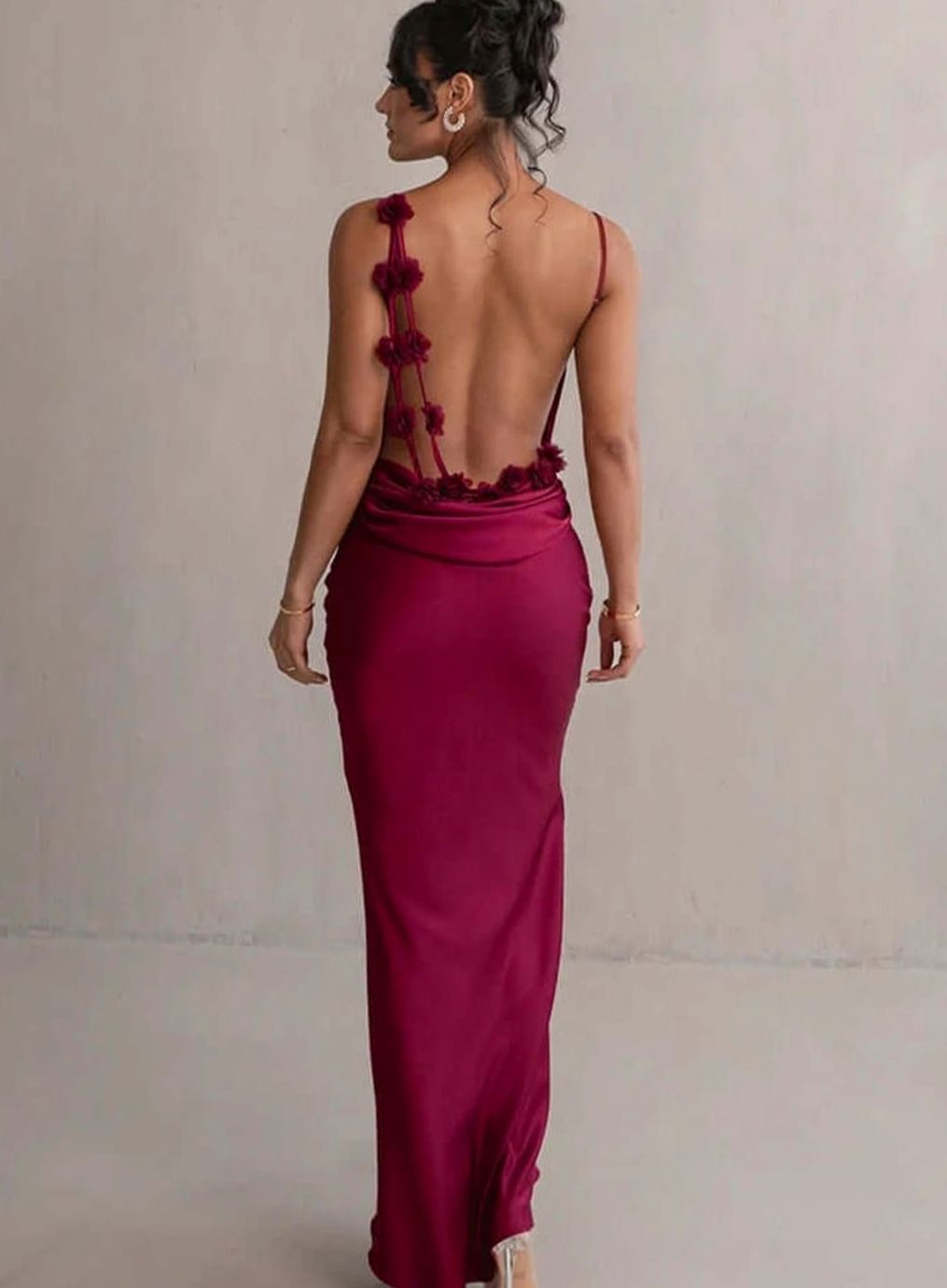 Women's Satin Cowl-Neck Backless Maxi Slip Dress - Wine Red