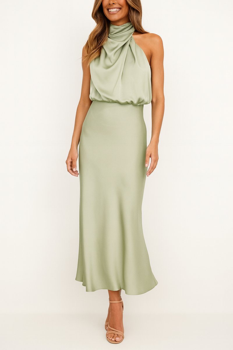 Women's Satin Halter Midi Summer Dress Jumpsuit Sleeveless Draped - Light Green