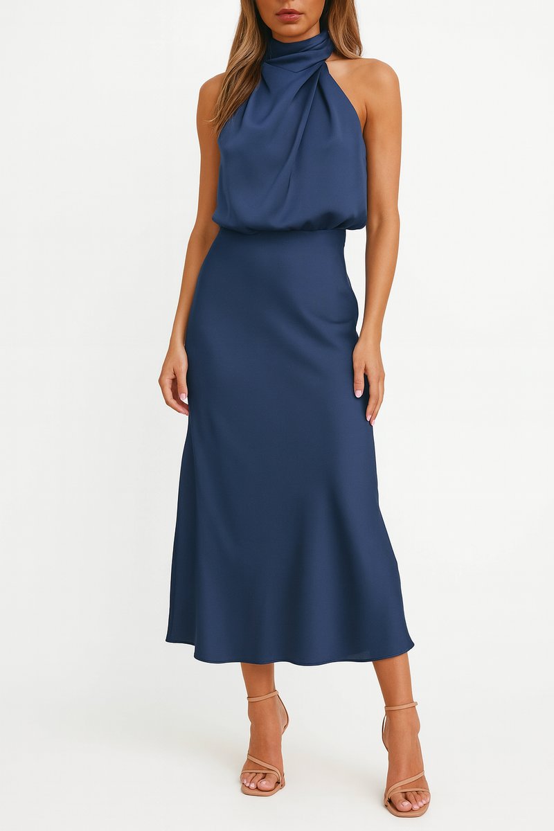 Women's Satin Halter Midi Summer Dress Jumpsuit Sleeveless Draped - Navy