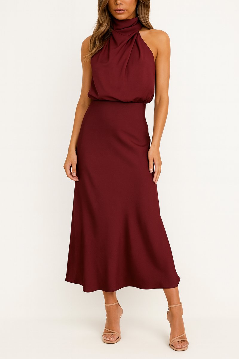 Women's Satin Halter Midi Summer Dress Jumpsuit Sleeveless Draped - Burgundy