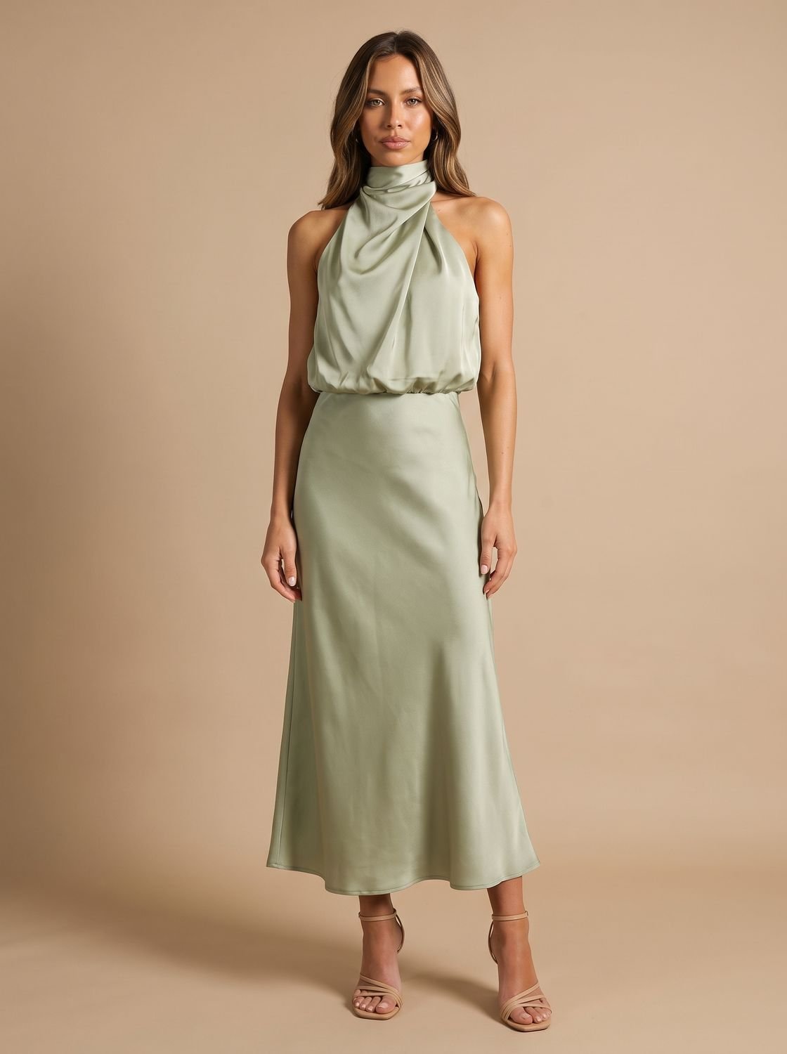 Women's Satin Halter-Neck Draped Midi Evening Dress - Light Green