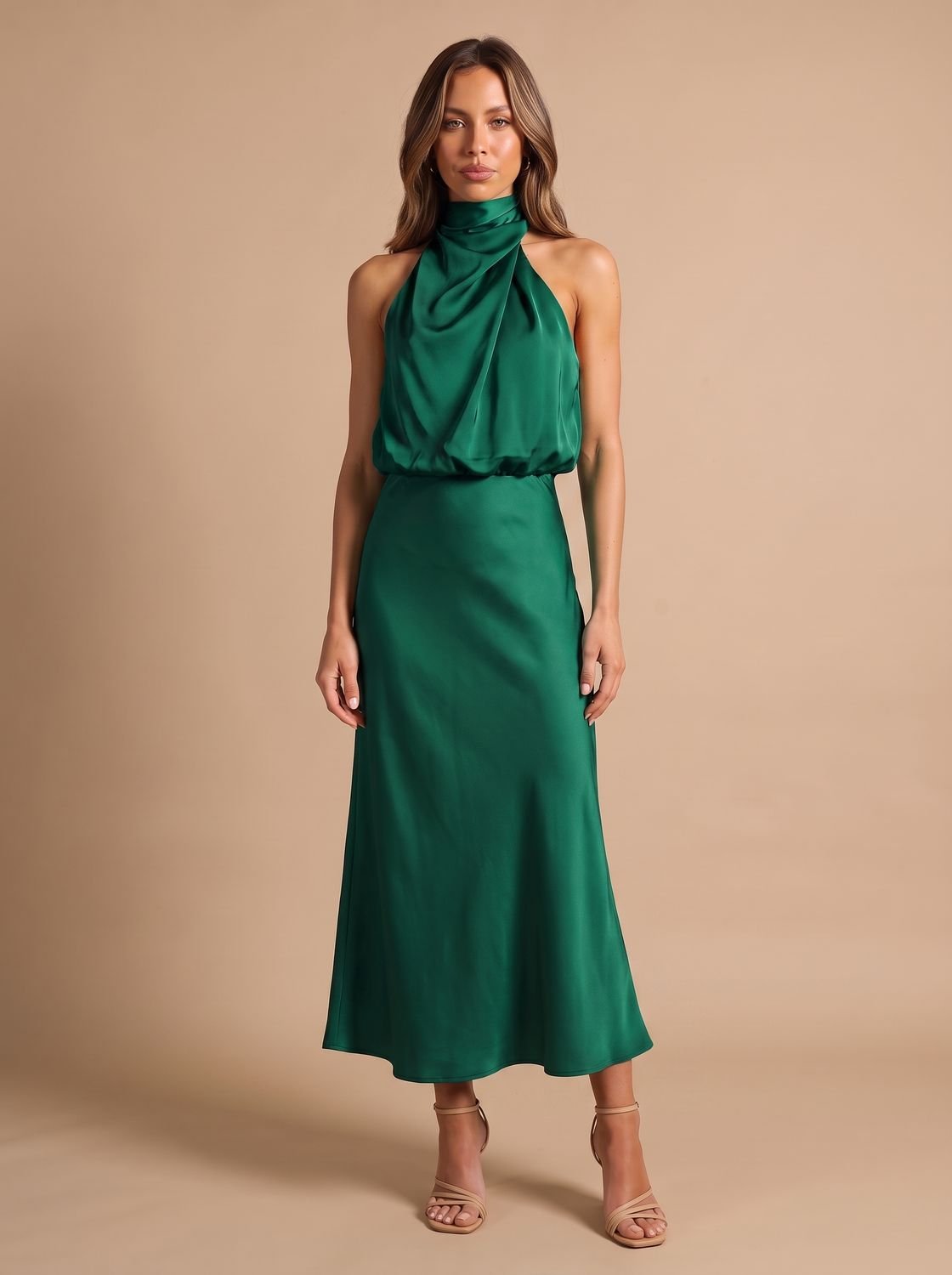 Women's Satin Halter-Neck Draped Midi Evening Dress - Dark Green