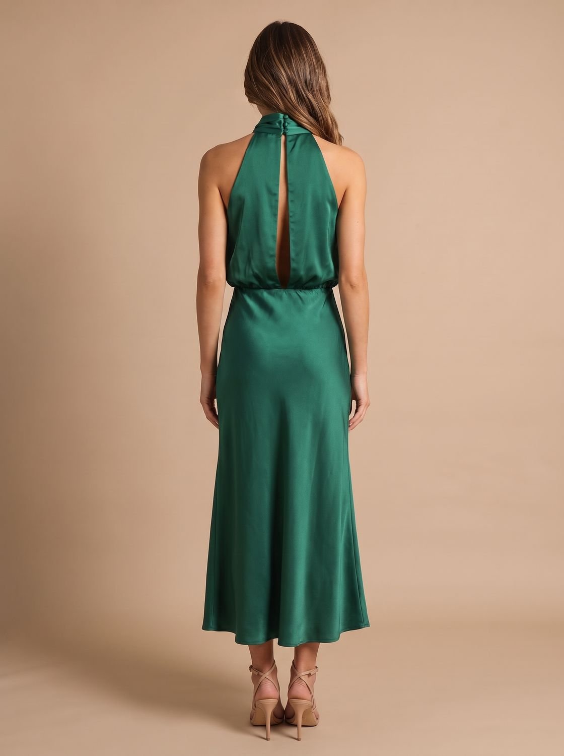 Women's Satin Halter-Neck Draped Midi Evening Dress