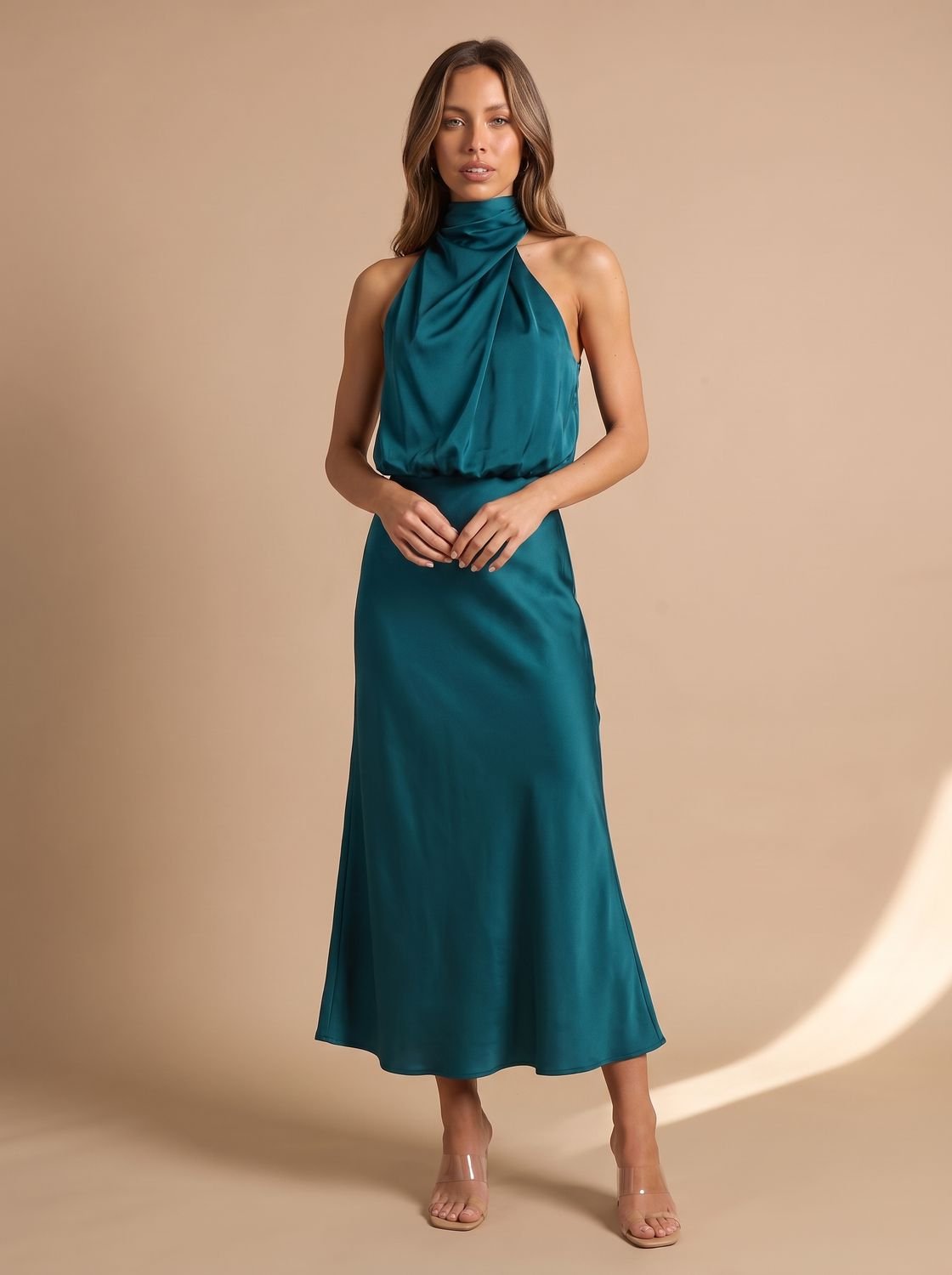 Women's Satin Halter-Neck Draped Midi Evening Dress - Turquoise