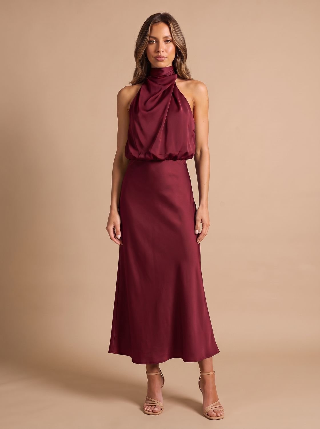 Women's Satin Halter-Neck Draped Midi Evening Dress - Burgundy