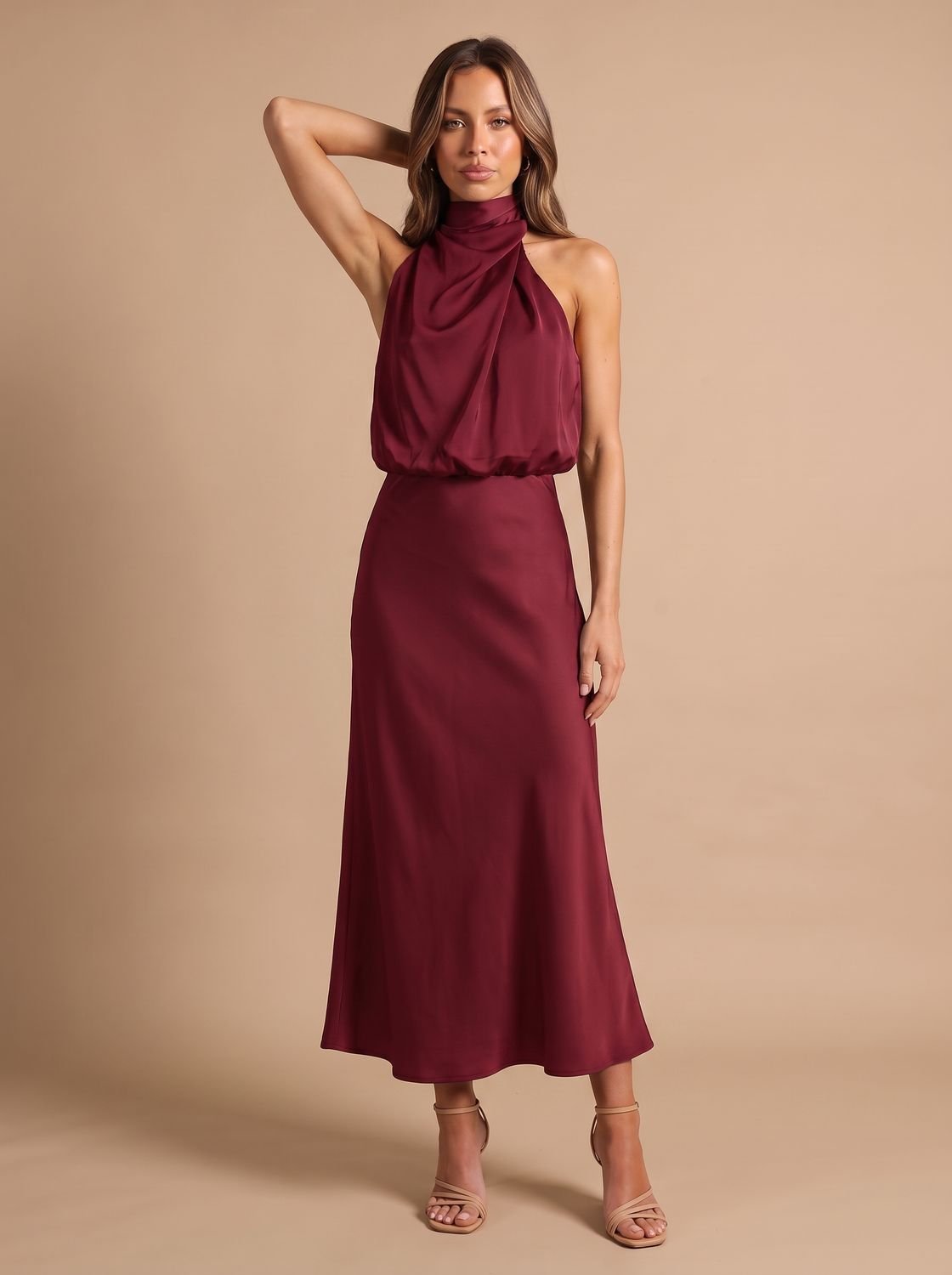 Women's Satin Halter-Neck Draped Midi Evening Dress