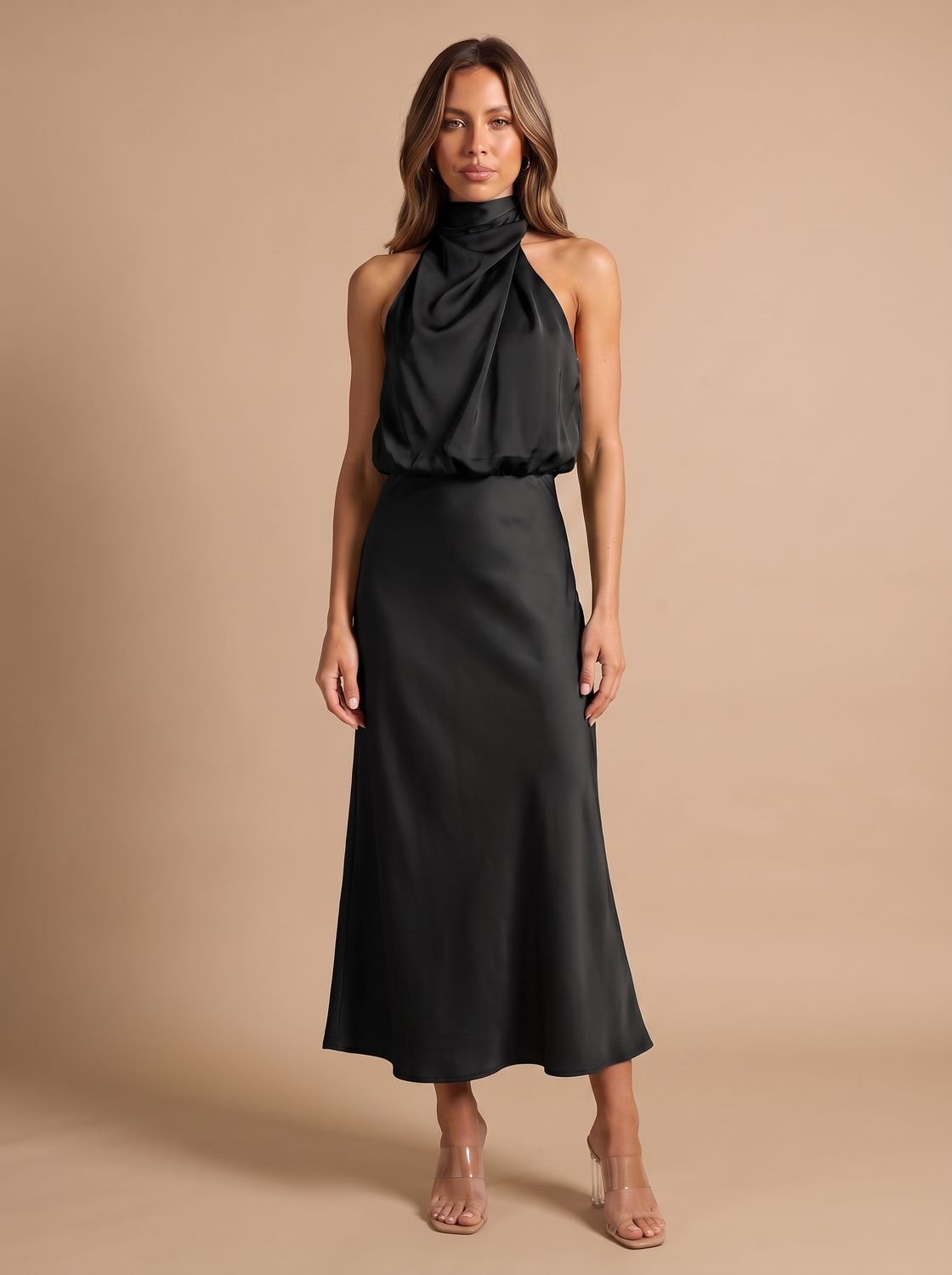 Women's Satin Halter-Neck Draped Midi Evening Dress - Black