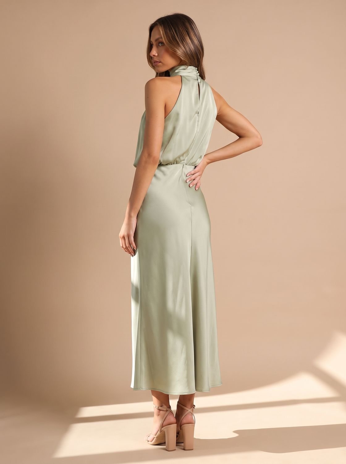Women's Satin Halter-Neck Draped Midi Evening Dress