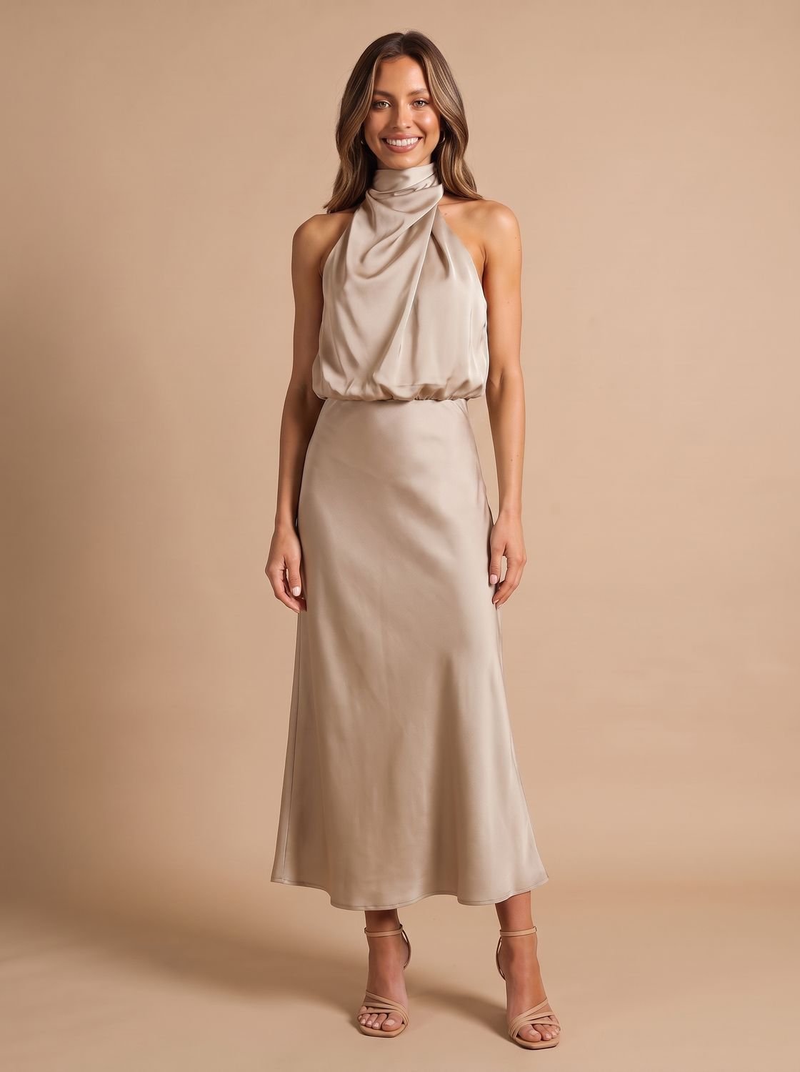 Women's Satin Halter-Neck Draped Midi Evening Dress - Beige