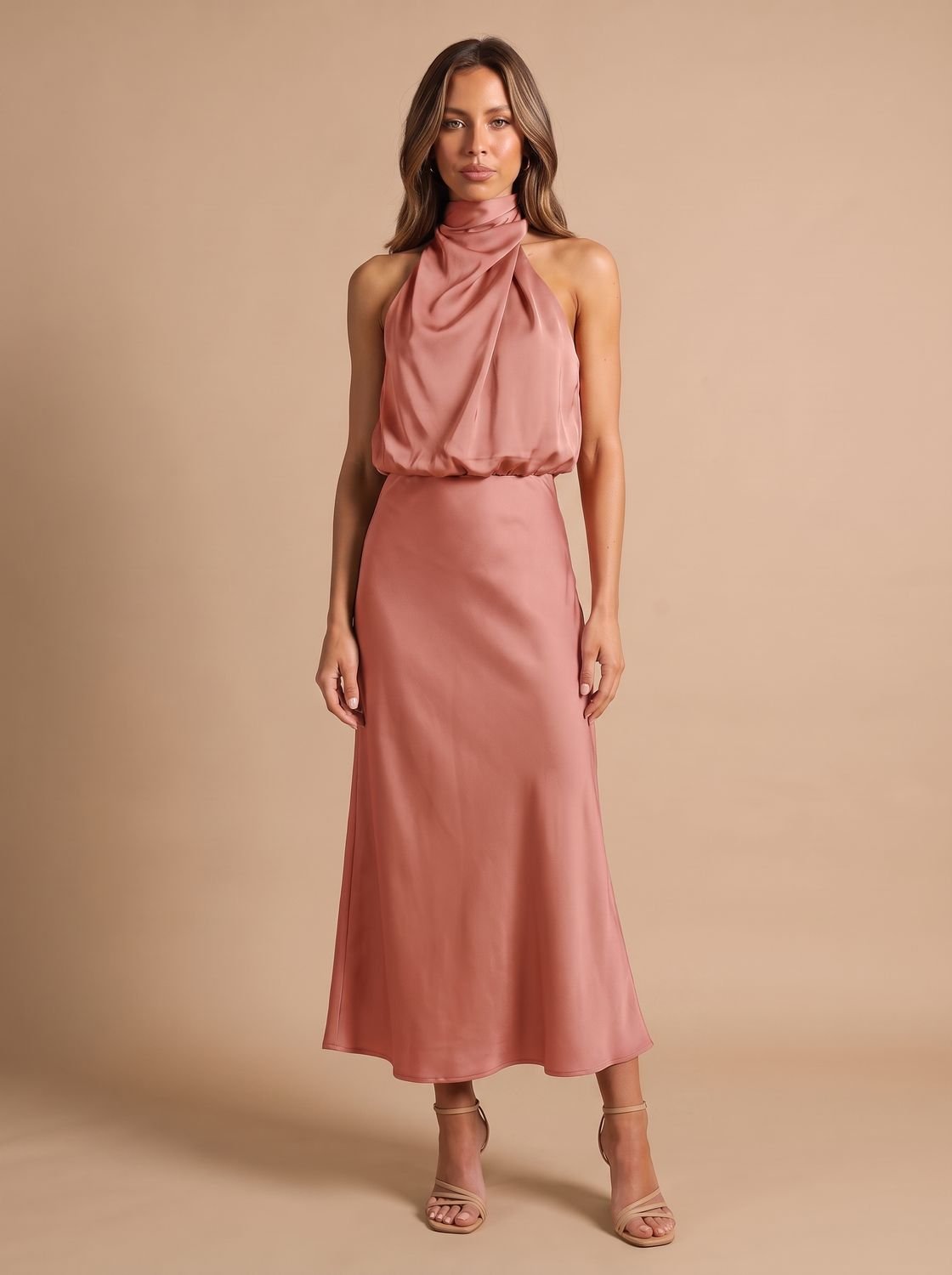 Women's Satin Halter-Neck Draped Midi Evening Dress - Coral Pink