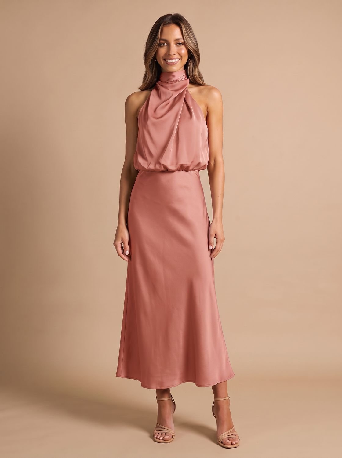 Women's Satin Halter-Neck Draped Midi Evening Dress