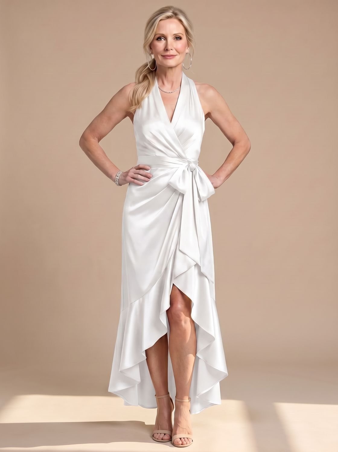 Women's Satin Halter-Neck Wrap Asymmetric-Hem Midi Dress - White