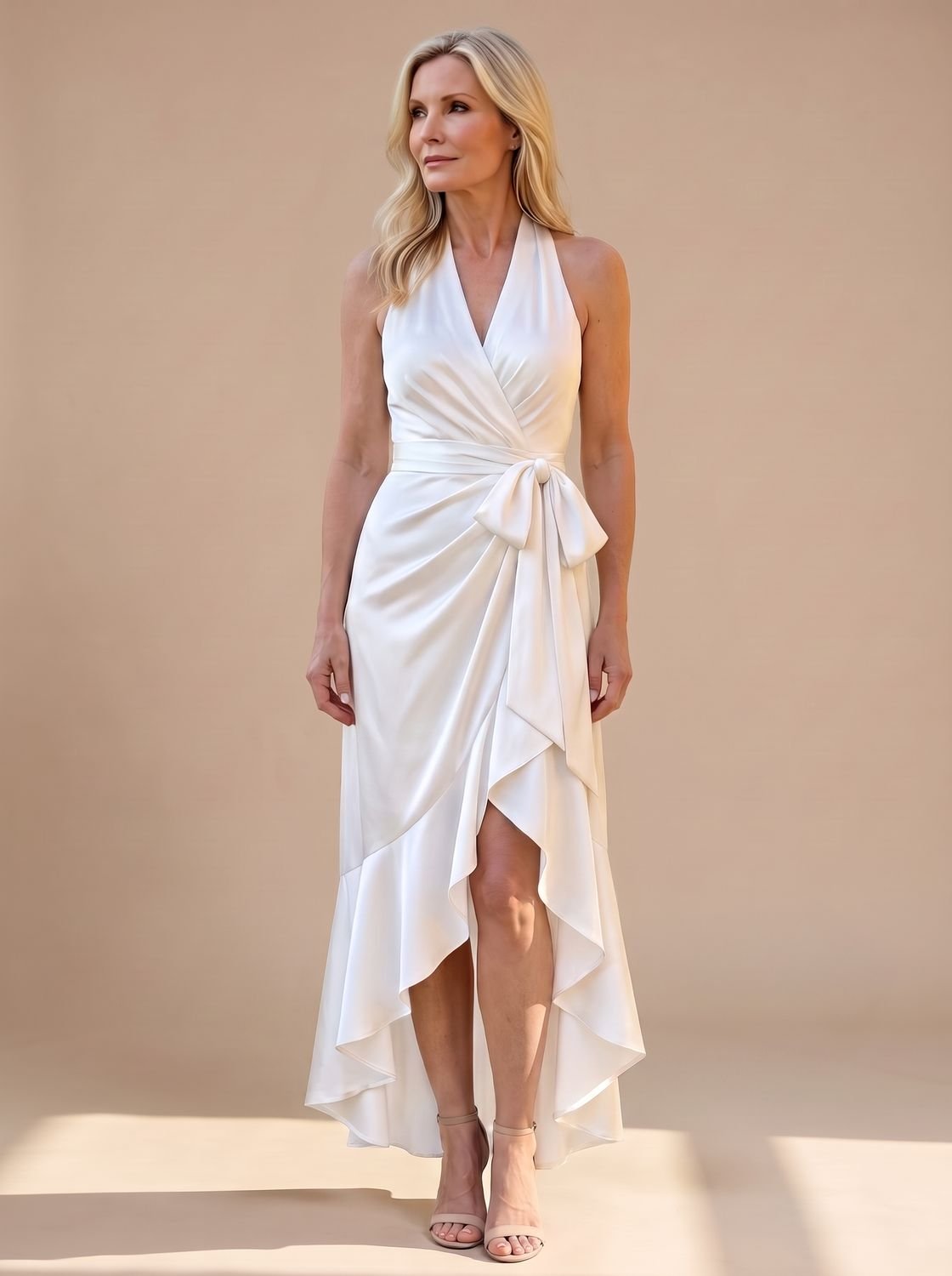 Women's Satin Halter-Neck Wrap Asymmetric-Hem Midi Dress