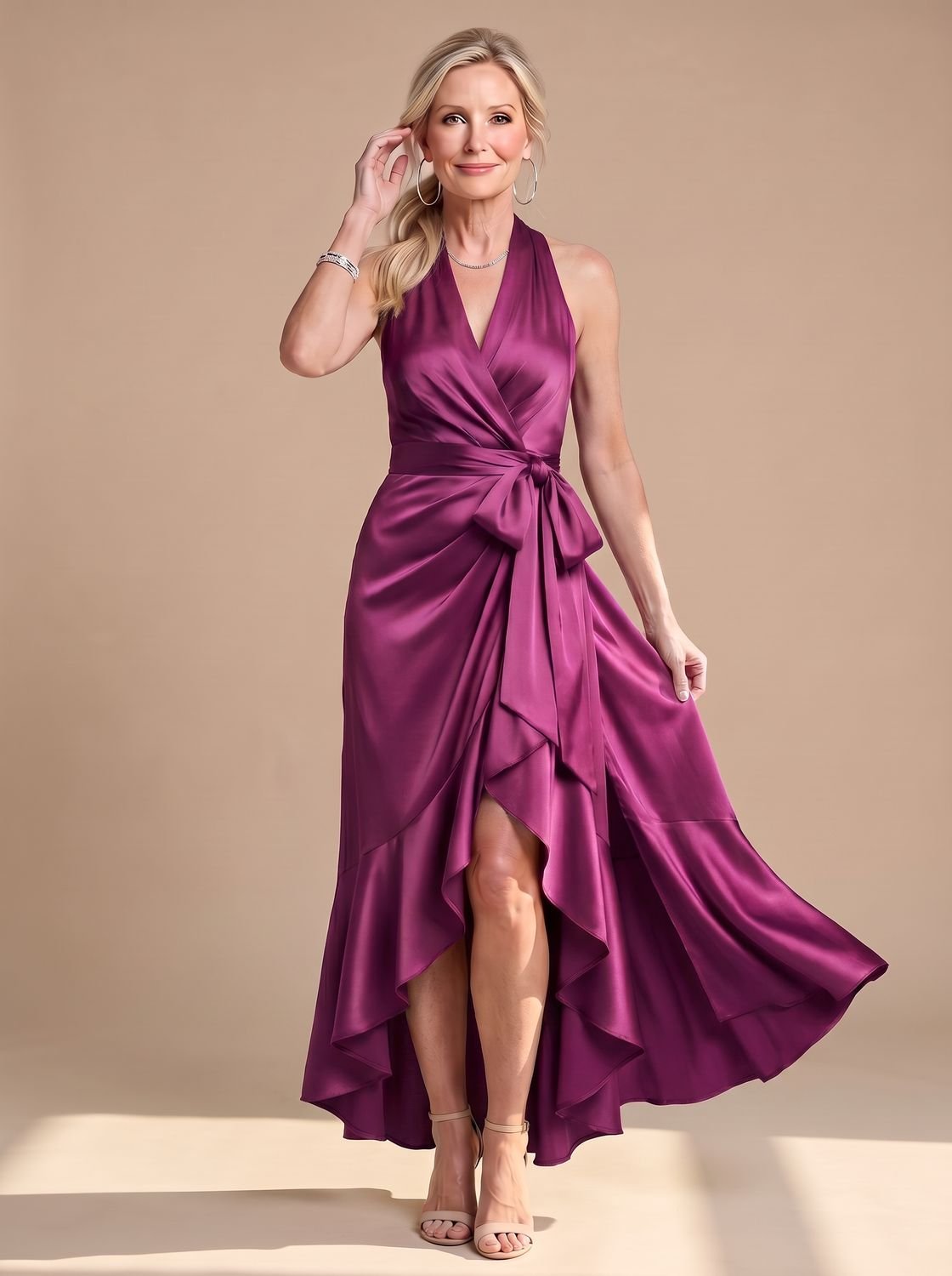 Women's Satin Halter-Neck Wrap Asymmetric-Hem Midi Dress - Magenta
