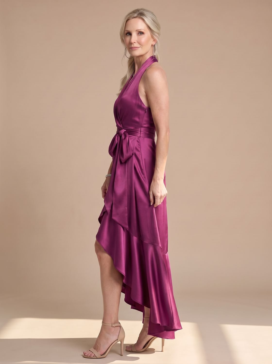 Women's Satin Halter-Neck Wrap Asymmetric-Hem Midi Dress
