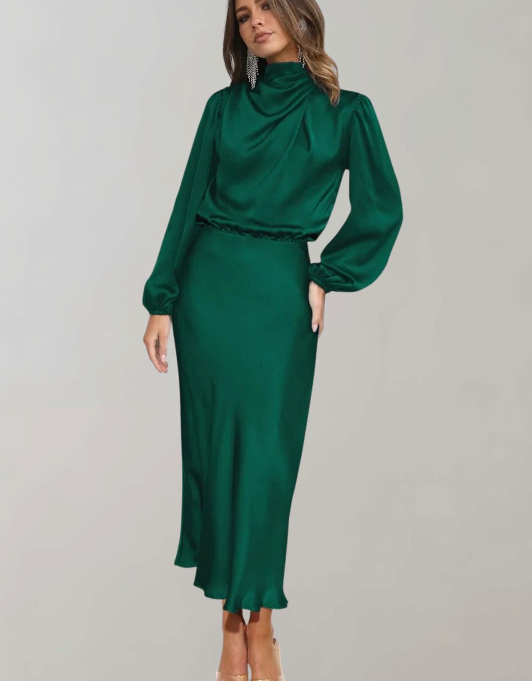 Women's Satin High-Neck Long-Sleeve Maxi Gown - Green