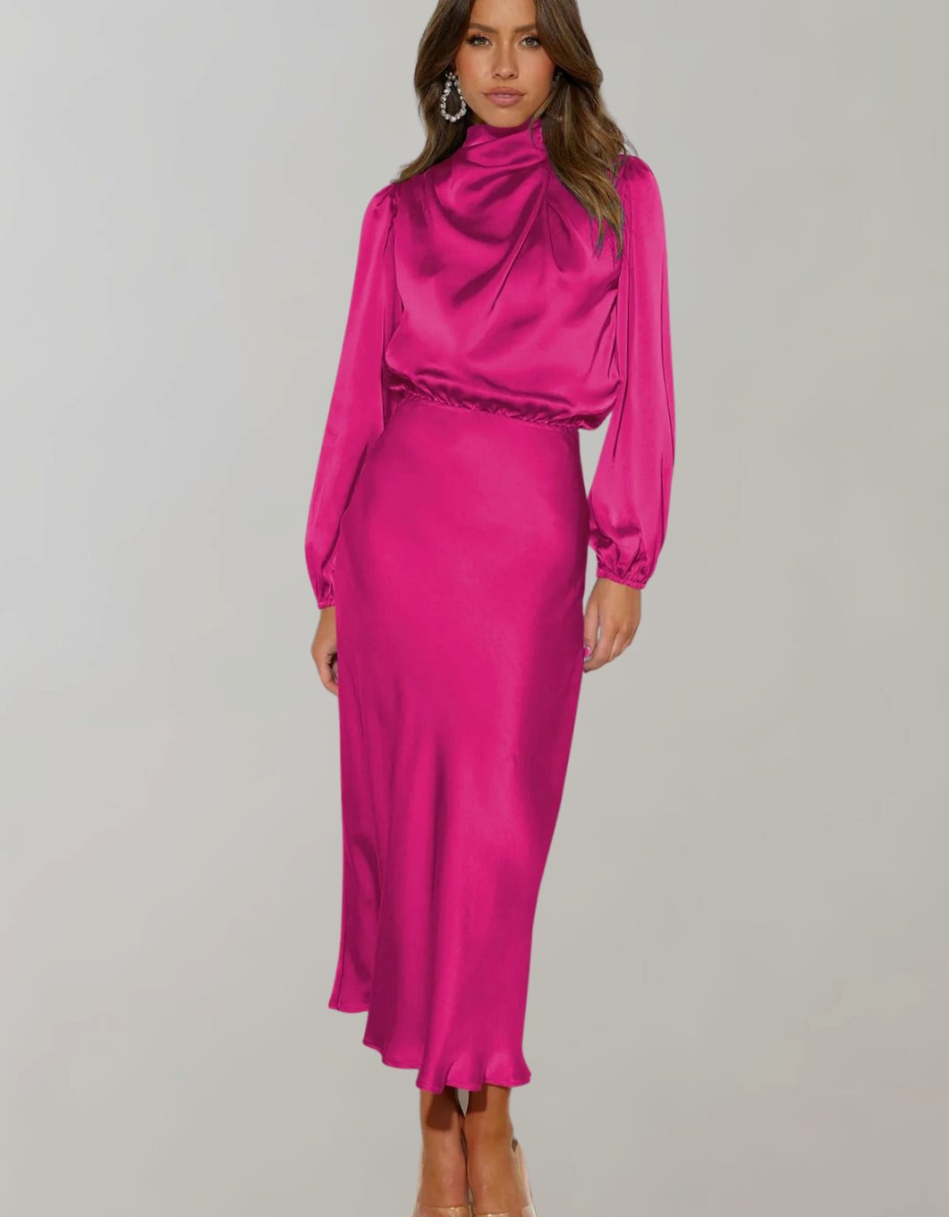 Women's Satin High-Neck Long-Sleeve Maxi Gown - Pink