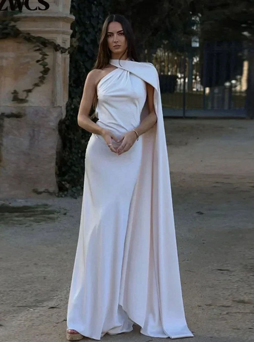 Women's Satin Maxi Gown One-Shoulder Cape Open Back