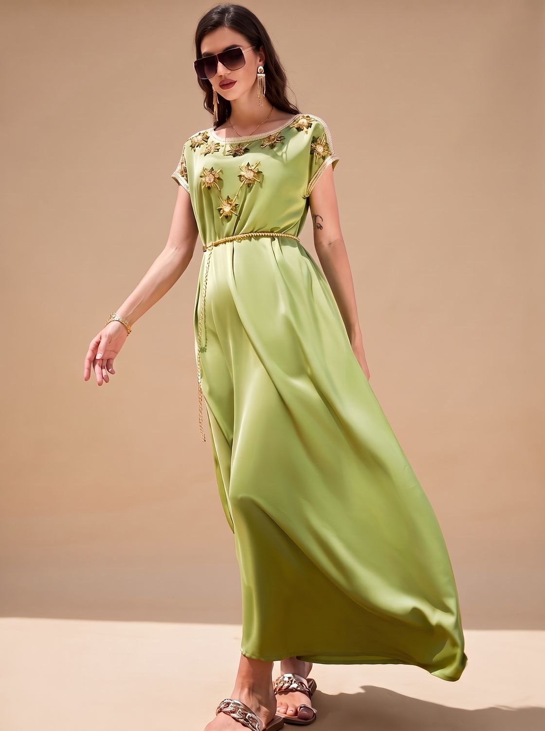 Women's Satin Rhinestone-Embellished Midi Cocktail Dress - Green