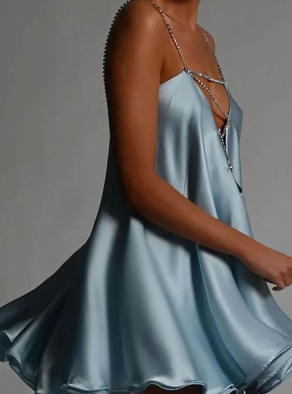 Women's Satin Rhinestone-Strap Flowy Wedding Guest Dress - Blue