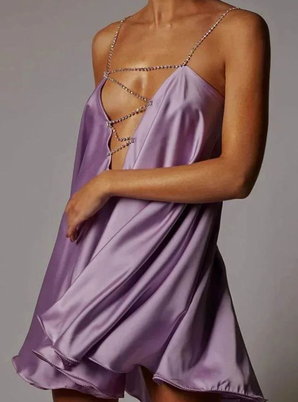 Women's Satin Rhinestone-Strap Flowy Wedding Guest Dress - Purple
