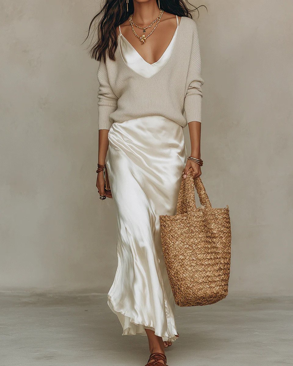 Women's Satin Slip Knit Layered Midi Dress Long Sleeve