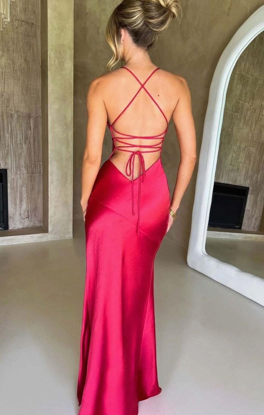 Women's Satin V-Neck High-Slit Halter Maxi Evening Dress