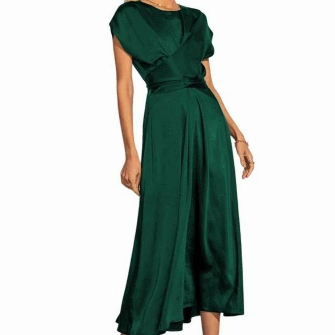 Women's Satin Wrap-Front Cap-Sleeve Midi Dress - Dark Green