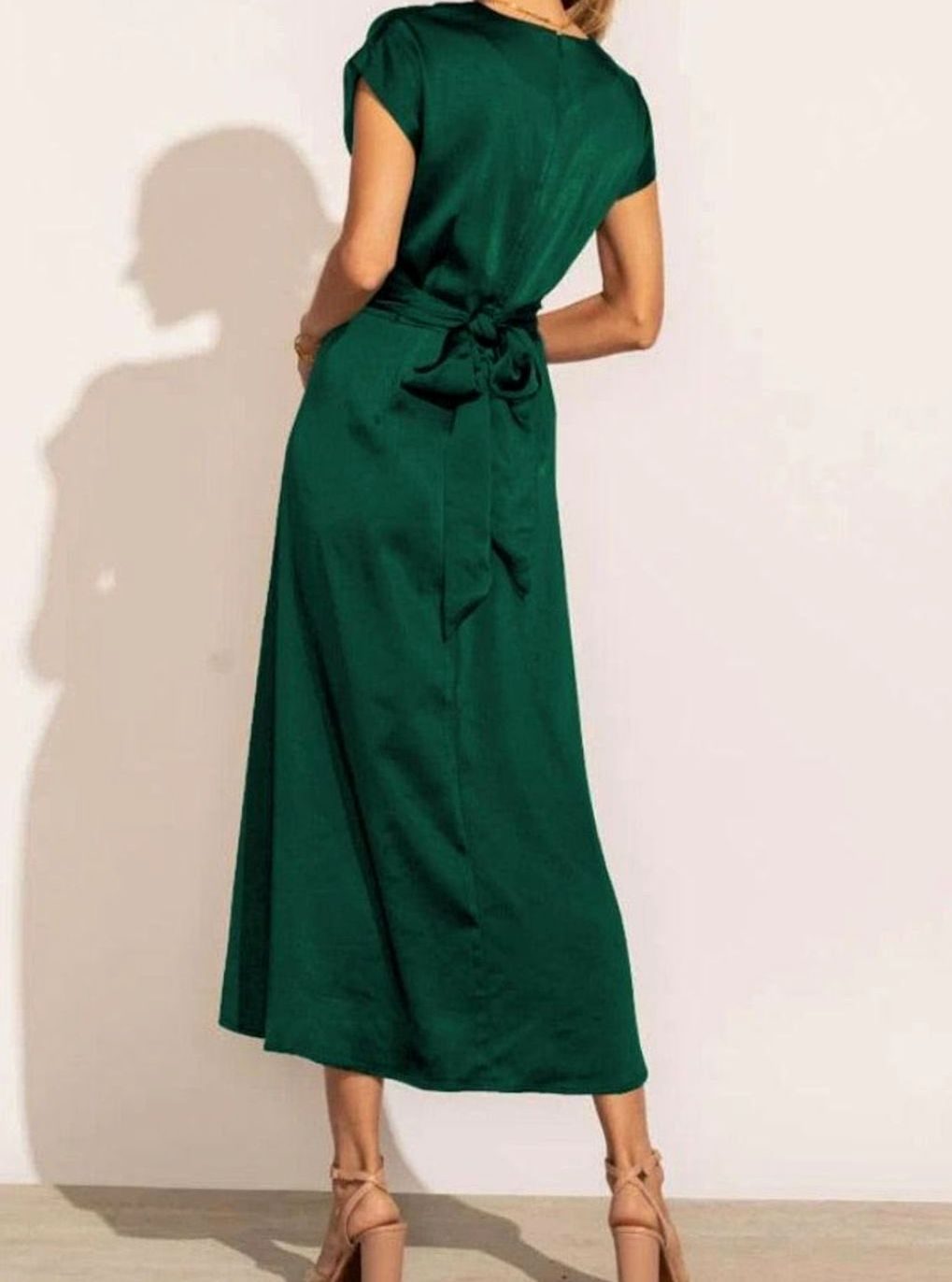 Women's Satin Wrap-Front Cap-Sleeve Midi Dress