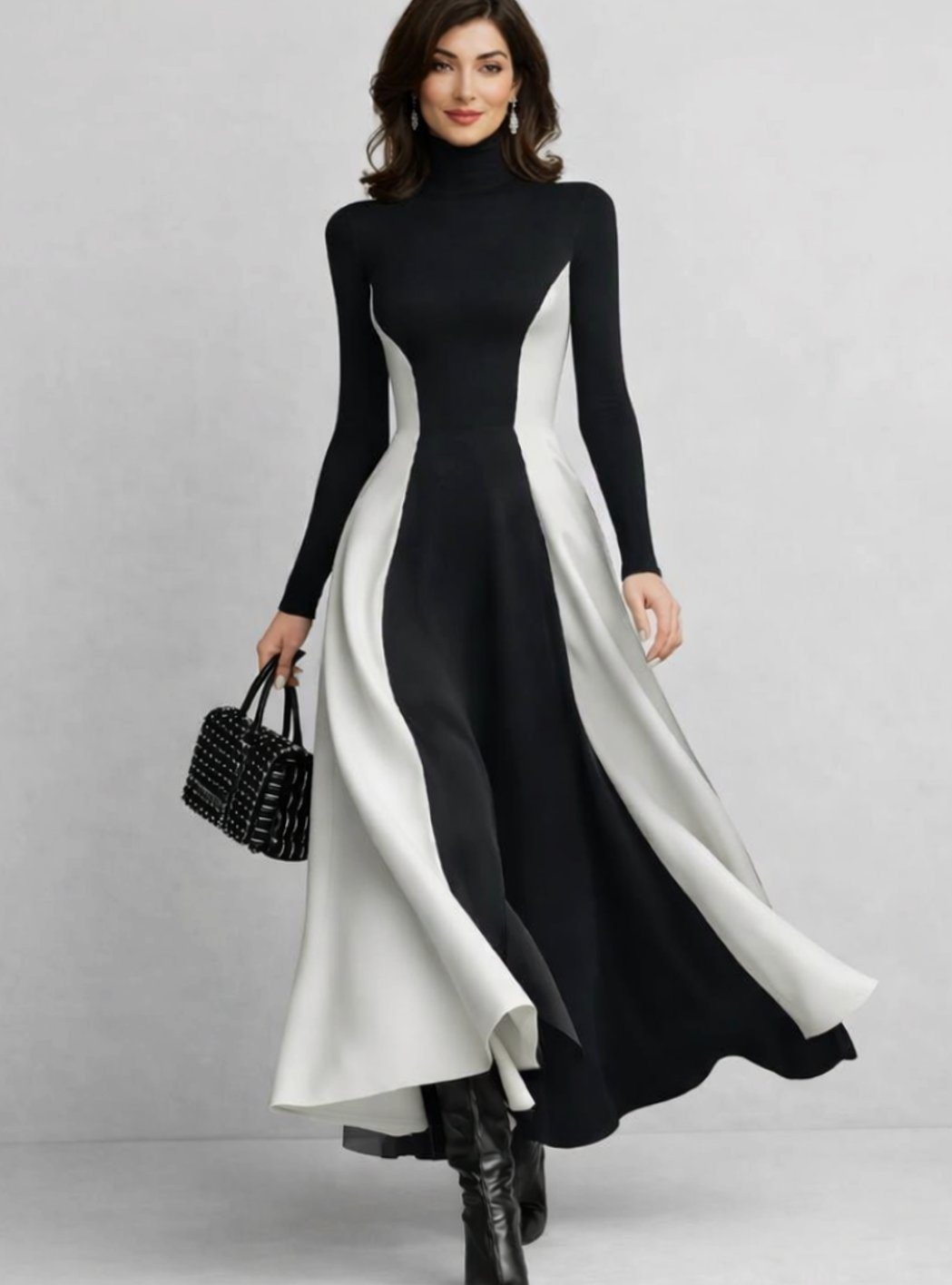 Women's Sculpted Contrast-Panel Turtleneck Flared Maxi Dress - Black
