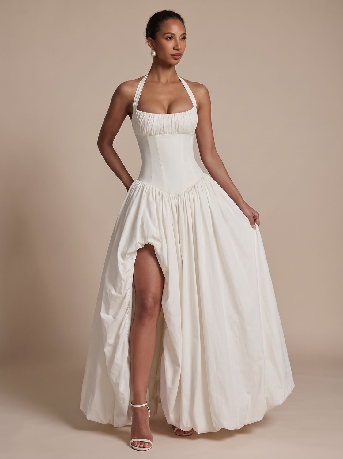 Women's Sculpted Halter Maxi Dress Thigh-High Side Split Voluminous Skirt