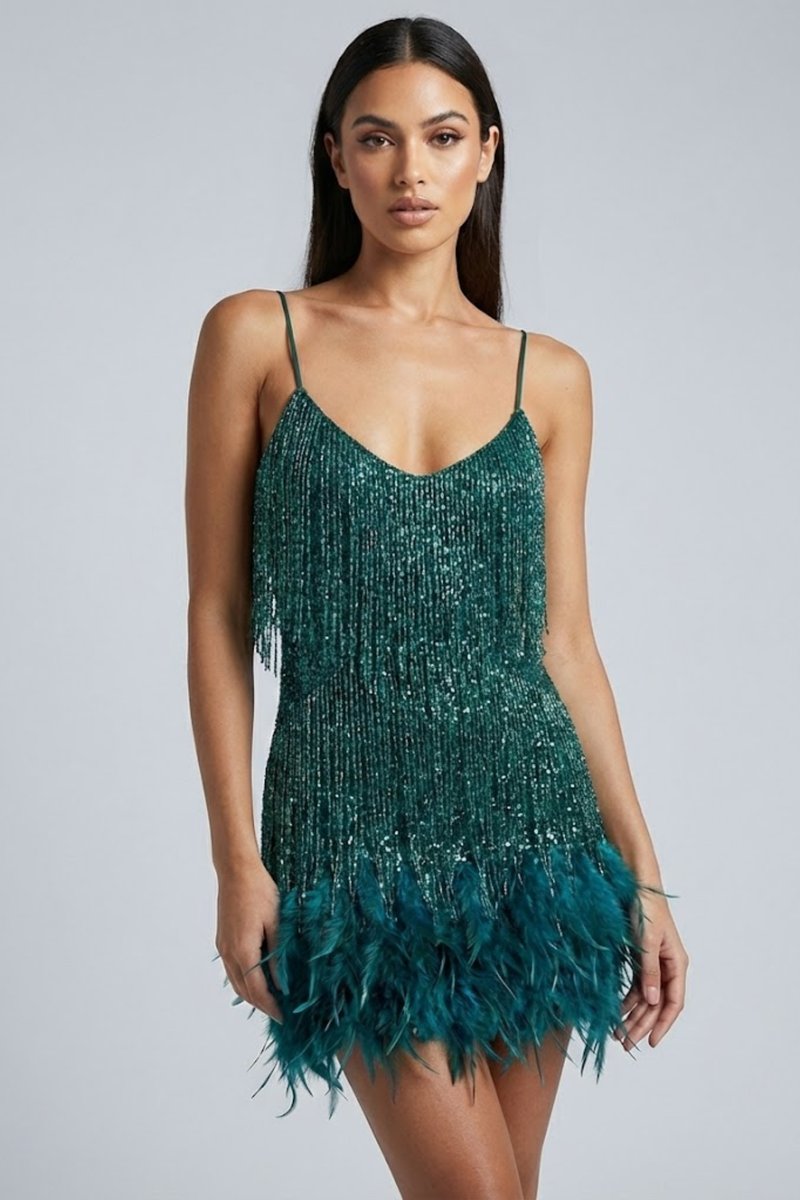 Women's Sequin Feather-Trim Mini Summer Dress Jumpsuit Party Slip - Blue