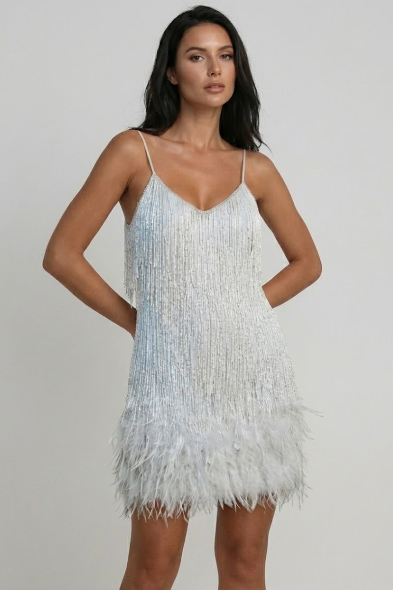 Women's Sequin Feather-Trim Mini Summer Dress Jumpsuit Party Slip
