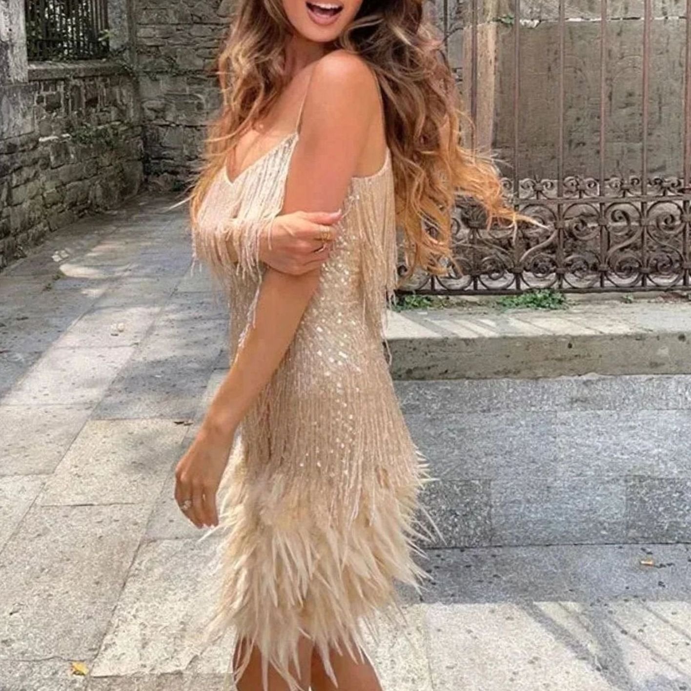 Women's Sequin Feather-Trim Spaghetti-Strap Formal Mini Dress