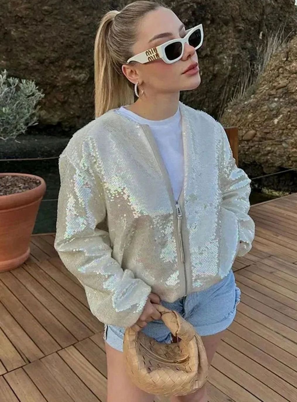 Women's Sequin Ivory Zip-Up Light Bomber Jacket - Ivory