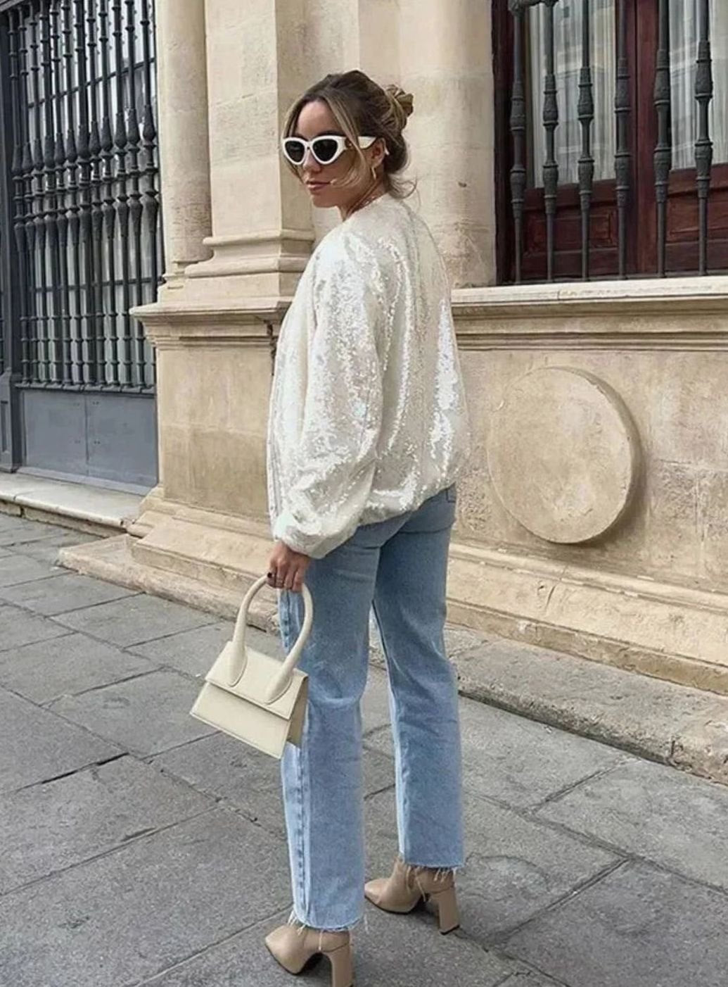 Women's Sequin Ivory Zip-Up Light Bomber Jacket