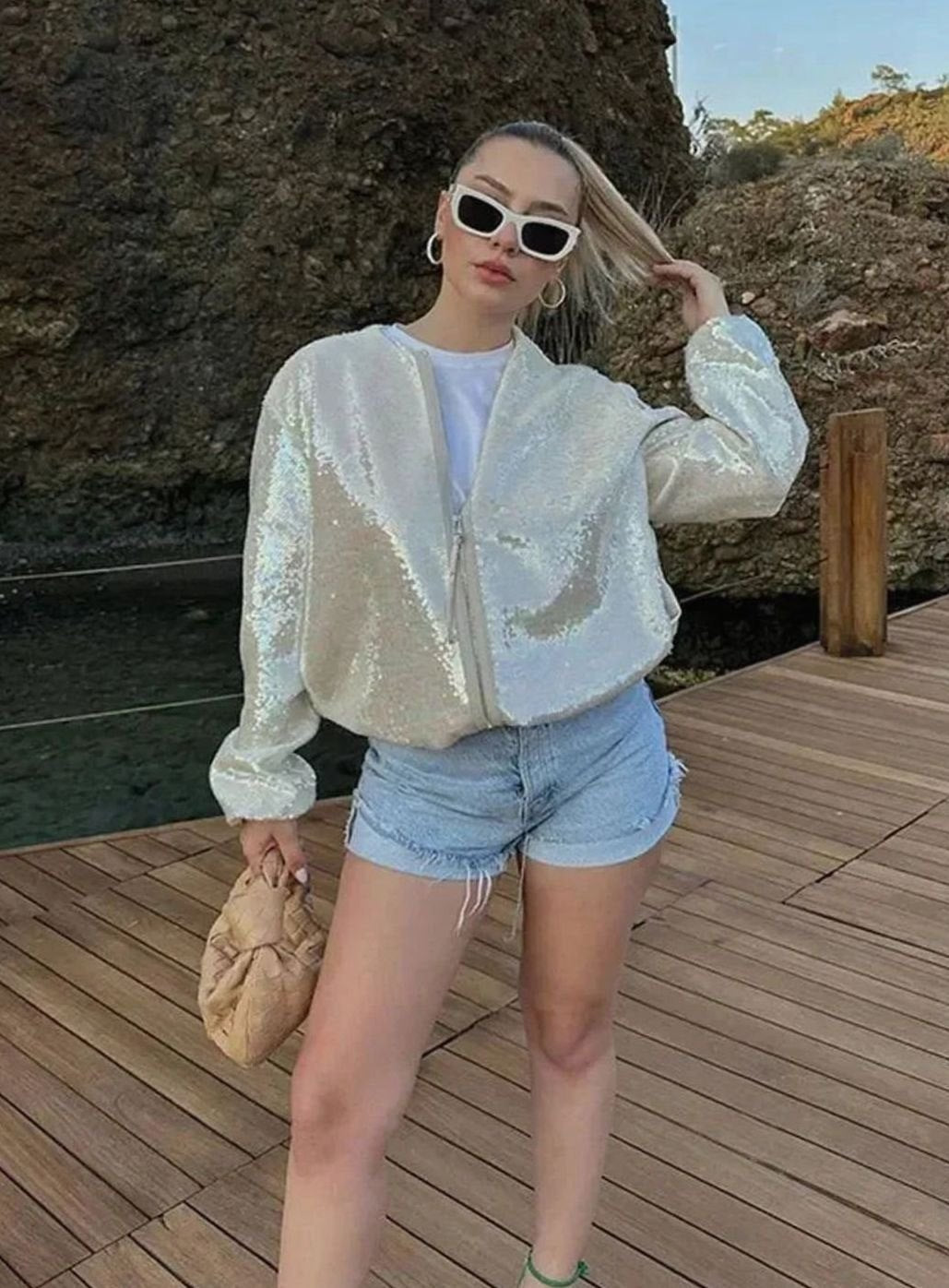 Women's Sequin Ivory Zip-Up Light Bomber Jacket