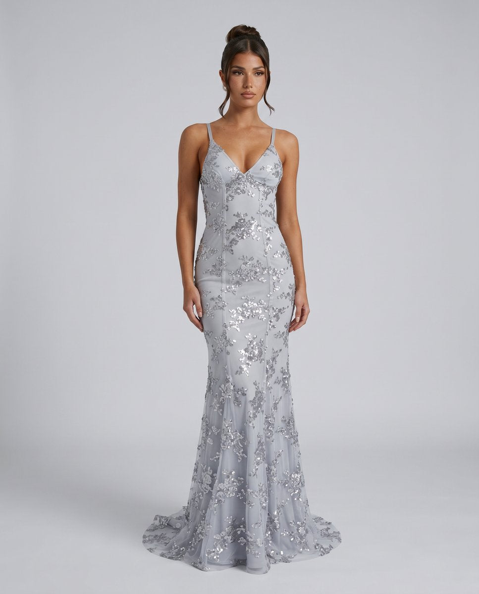 Women's Sequin Mermaid Maxi Summer Dress Jumpsuit Formal Gown - Grey