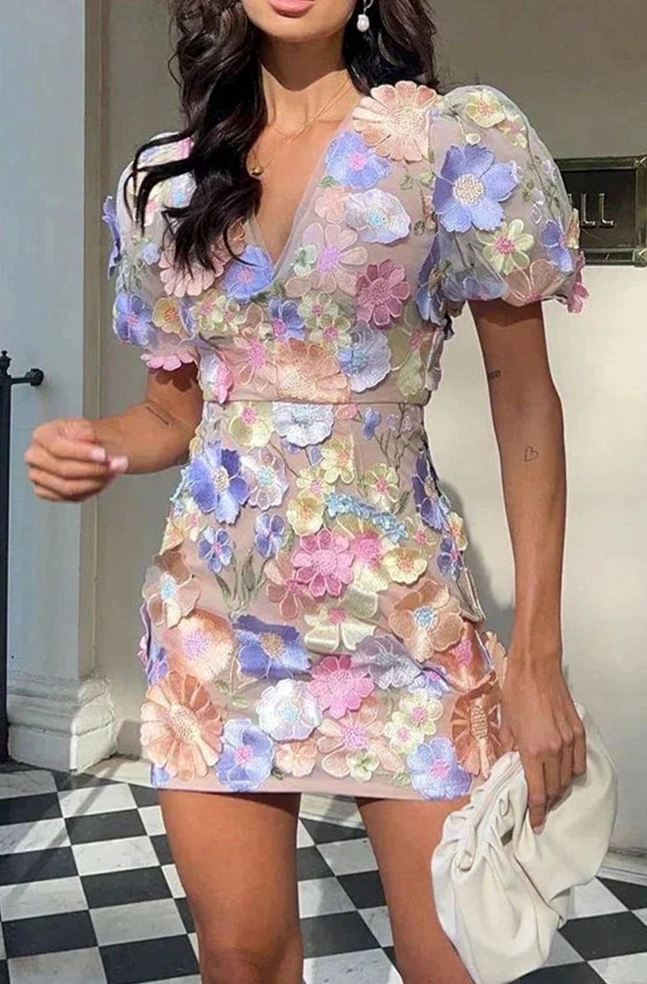 Women's Sheer Floral Applique Puff-Sleeve Mini Dress - Pastel