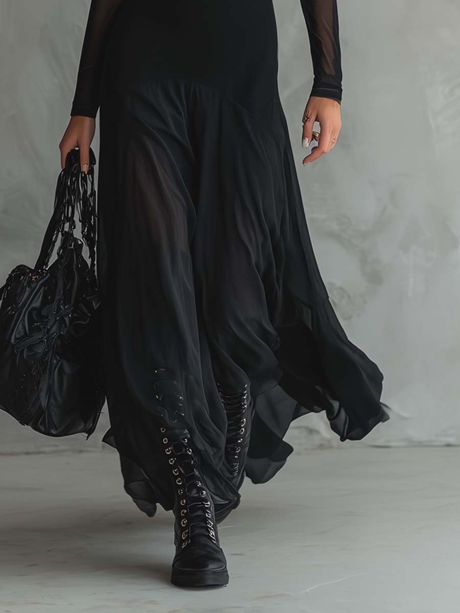 Women's Sheer Mesh Long-Sleeve Formal Dress Ruffled Maxi