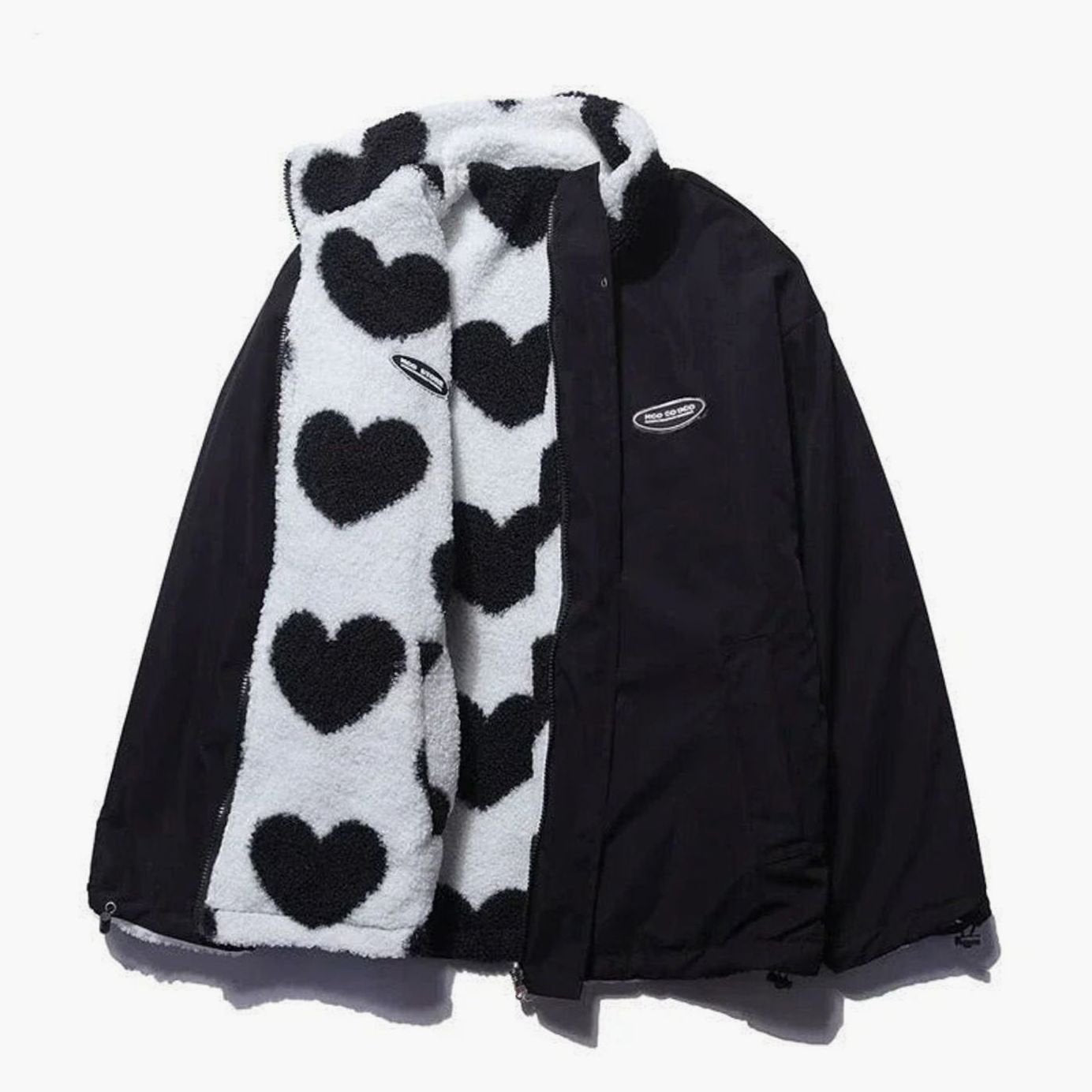 Women's Sherpa Fleece Full-Zip Heart Print Jacket - Black