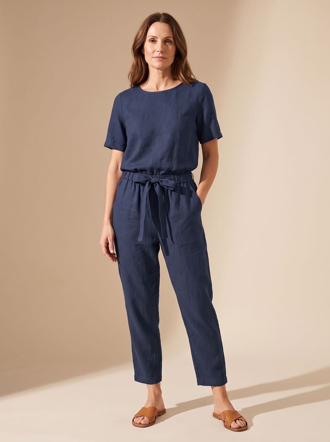 Women's Short-Sleeve Belted Linen-Look Casual Jumpsuit - Blue