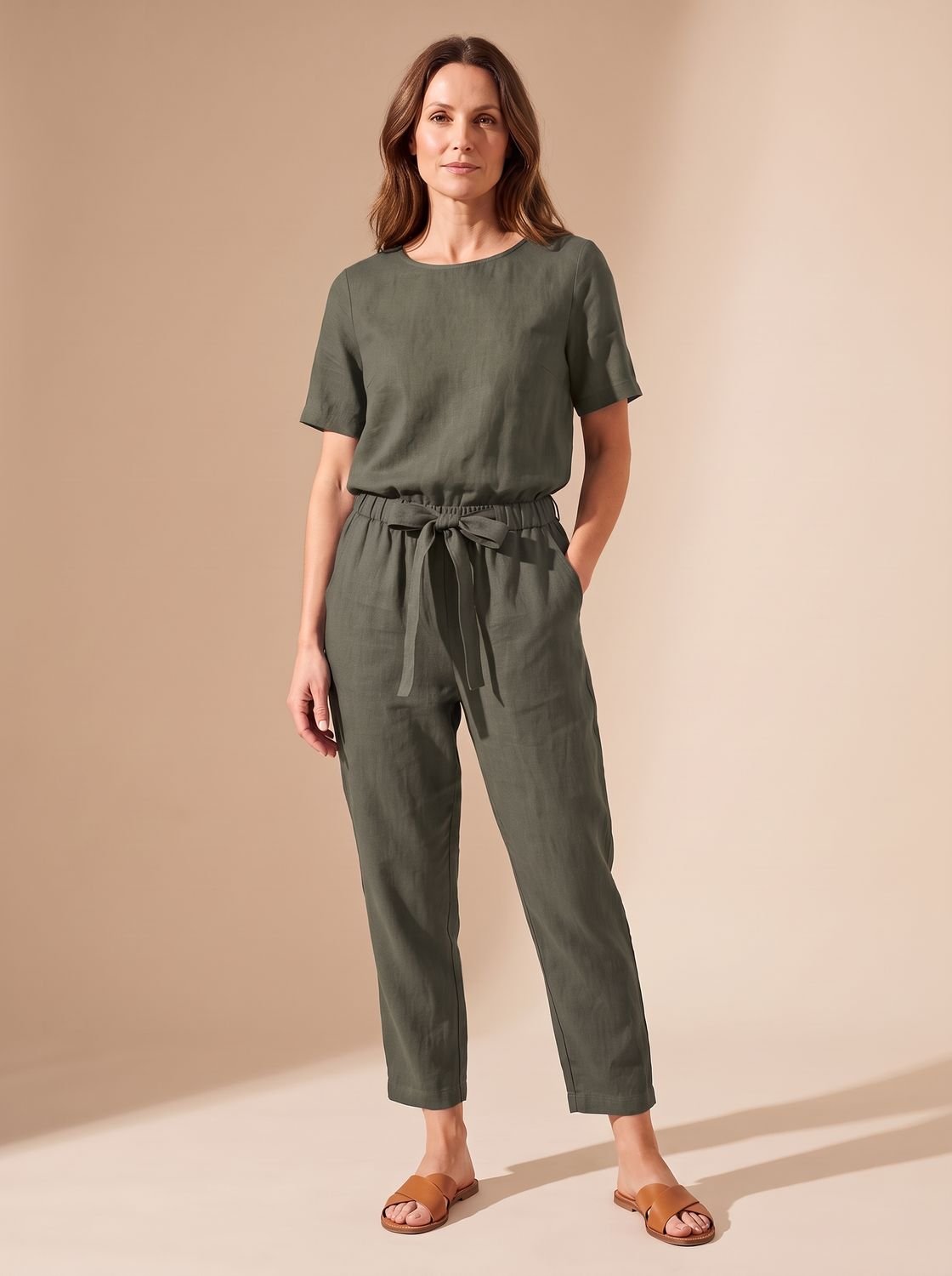 Women's Short-Sleeve Belted Linen-Look Casual Jumpsuit - Green