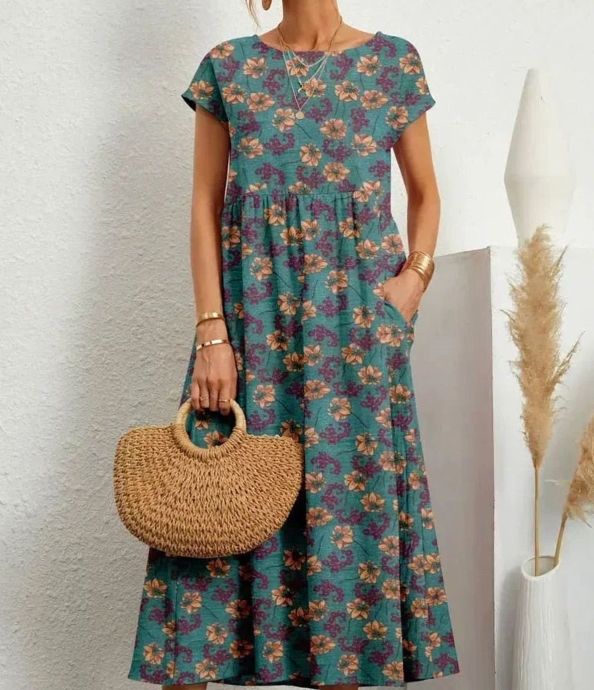 Women's Short-Sleeve Floral Midi Dress Pockets - Blue