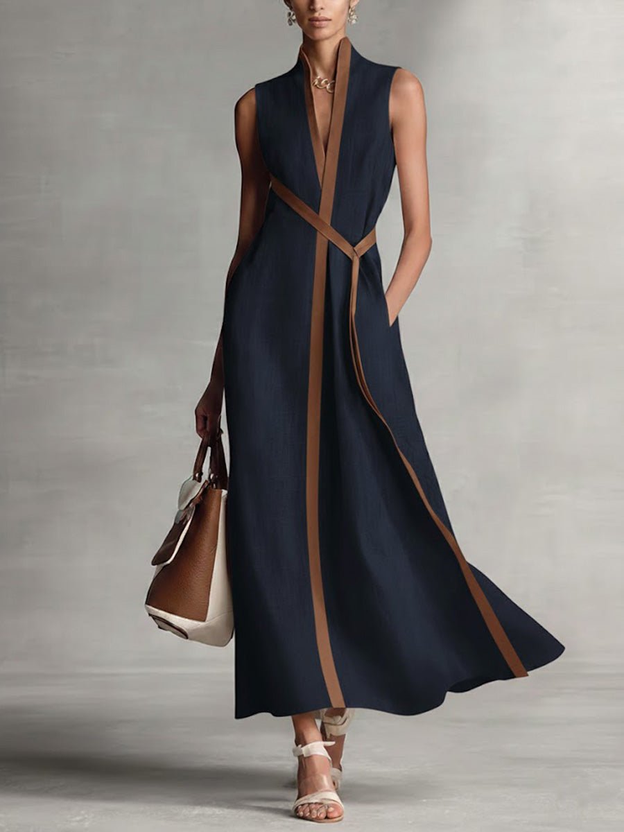 Women's Sleeveless Contrast-Trim Maxi V Neck Dress - Navy Blue