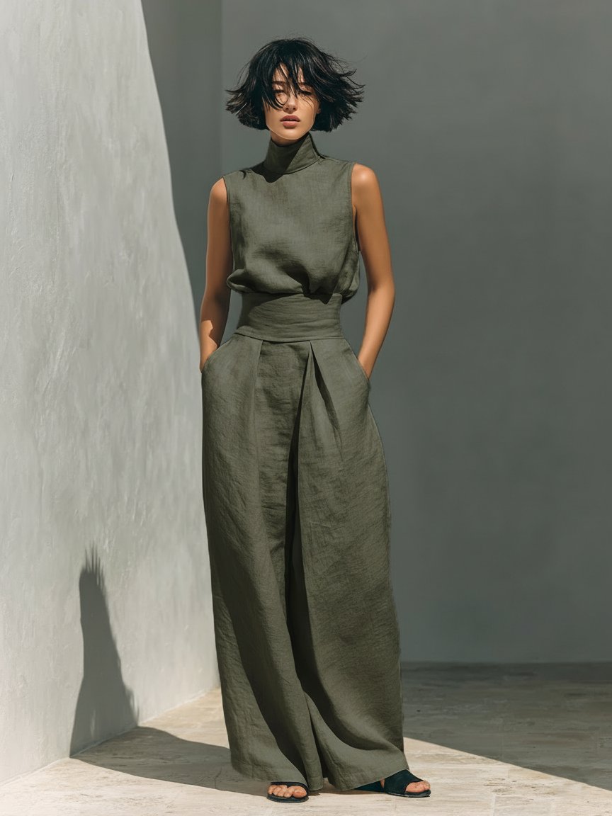 Women's Sleeveless Cotton-Linen High-Neck Wide-Leg Two-Piece Set - Army Green